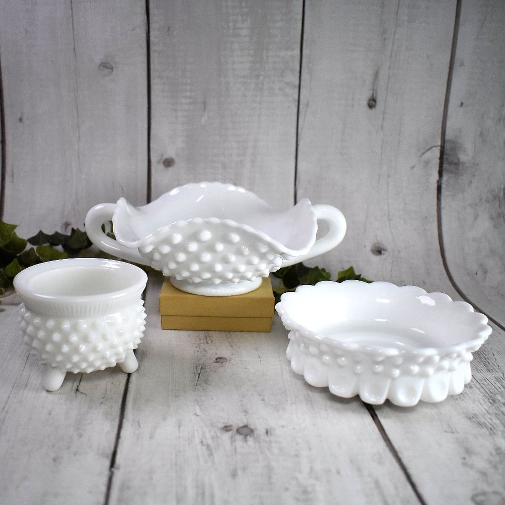 Lot of 3 Vintage Fenton White Hobnail Milk Glass Candy Dishes & Mustard Kettle